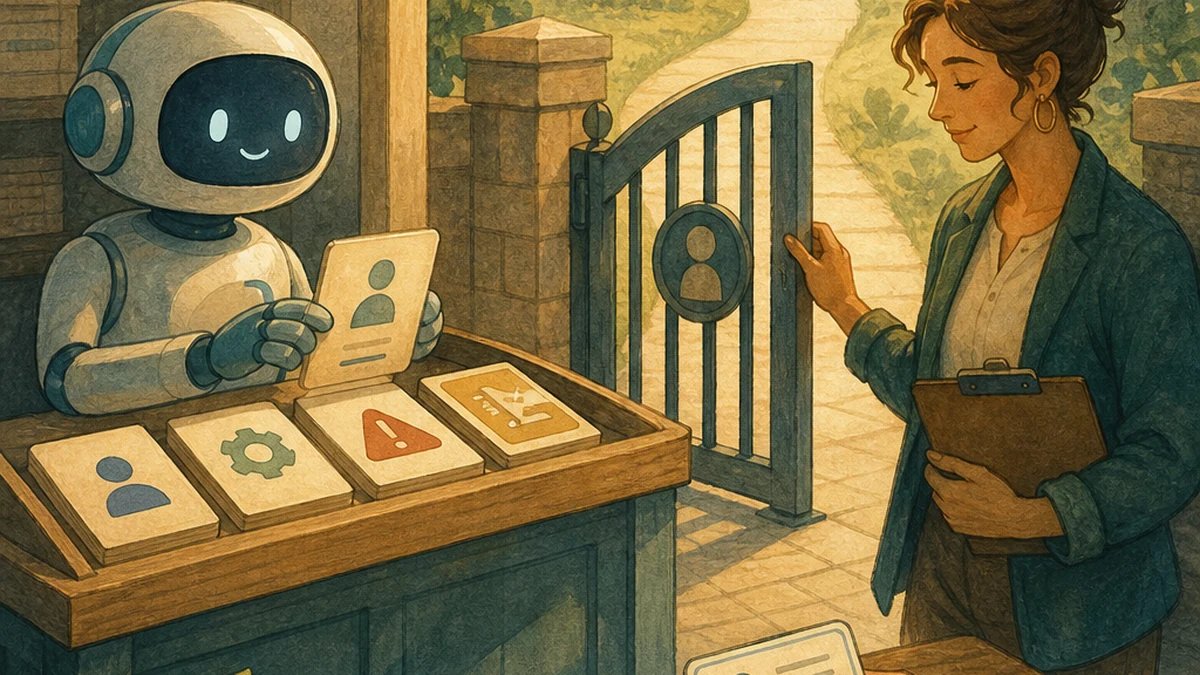 AI agent 在客服櫃檯收件，人類審核者用身份、權限、理由與後果四個關卡確認高風險變更能否放行。
