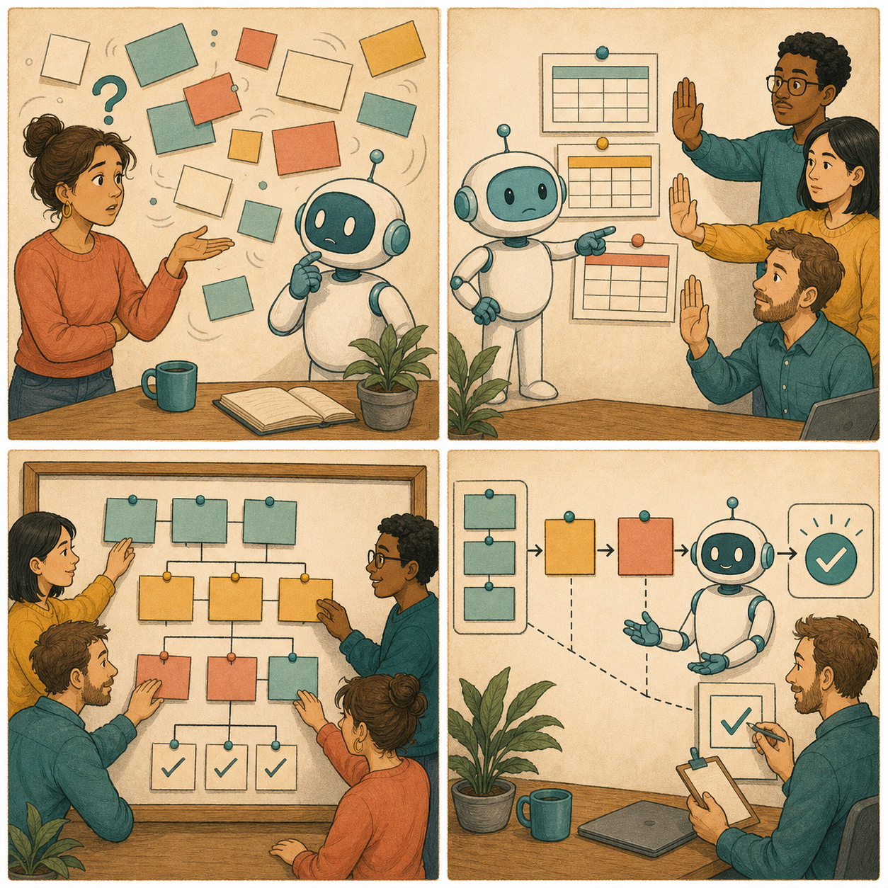 四格漫畫：同事向 AI 詢問公司數字，AI 先被多張相似資料表卡住，團隊固定正式來源與指標定義後，最後由 AI 附上來源路徑並交給人類複查。