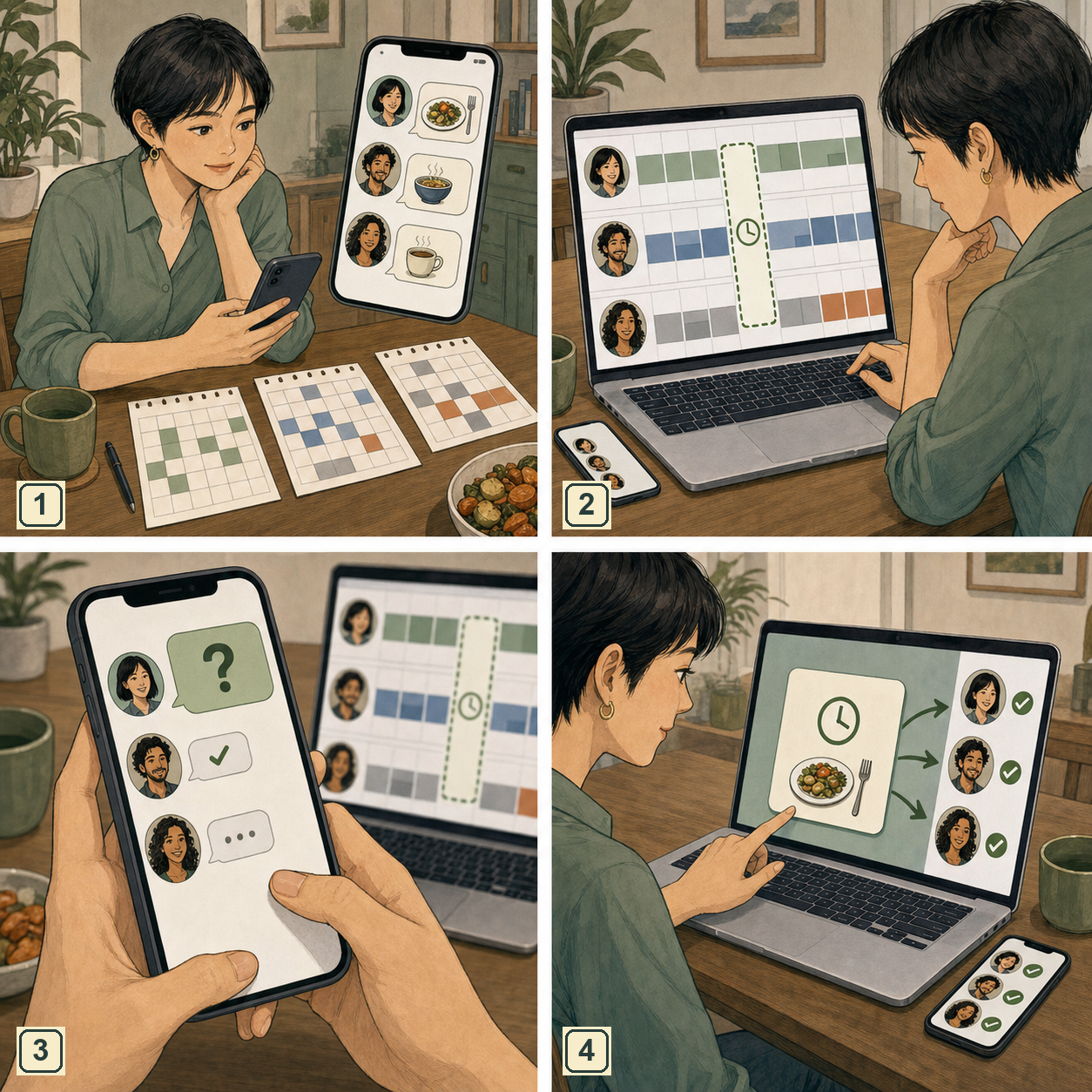 美奈和三位朋友討論晚餐，AI 找出共同候選空檔後，她先在群組詢問並等待三人逐一確認，最後才送出正式行事曆邀請