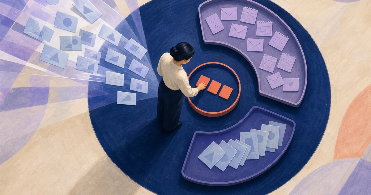 From above, a professional sorts three coral commitment cards inside a circular boundary while pending requests and AI suggestions remain in separate trays outside it.