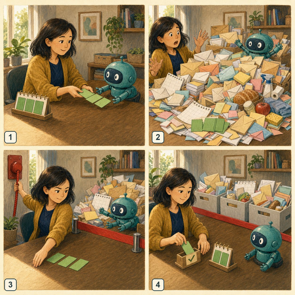 A professional gives an AI three commitment cards, but the helper floods the desk with messages and suggestions; she stops the expansion, completes one original task, and defers the intact remainder