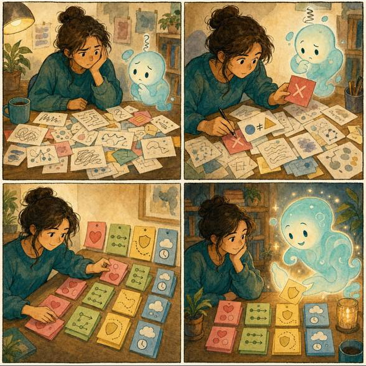 一個人把 AI 做錯的卡片分成四類，讓 AI 下次能照著工作規則少猜一點的四格漫畫