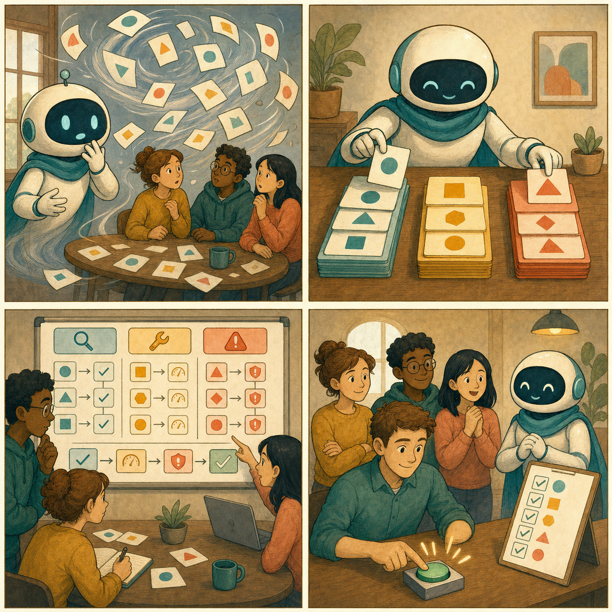 四格漫畫：AI 找到大量漏洞卡片，團隊先分類修補建議、檢查測試和復原路徑，最後由人類按下放行鍵。