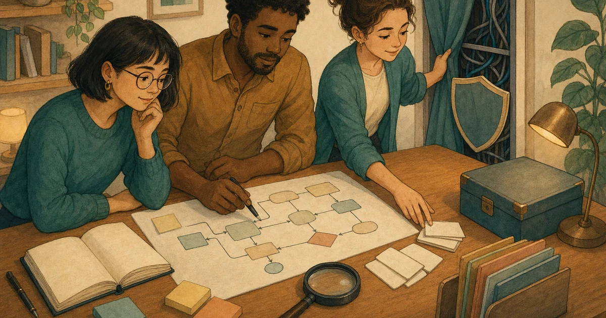 暖色手繪桌面插圖：團隊把一條 AI workflow 流程圖放在檢查板上，旁邊有空白鑰匙卡、日誌本與安全收納盒，沒有文字。