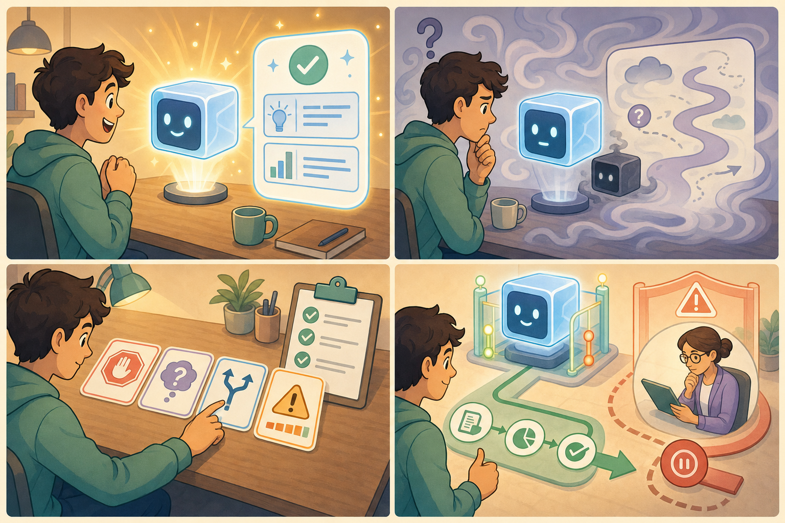 一則四格漫畫:使用者先收到清楚的 AI 回答,隔天看到同題變得模糊,接著用證據卡和檢查清單分類風險,最後讓低風險任務前進並暫停高風險流程覆核。
