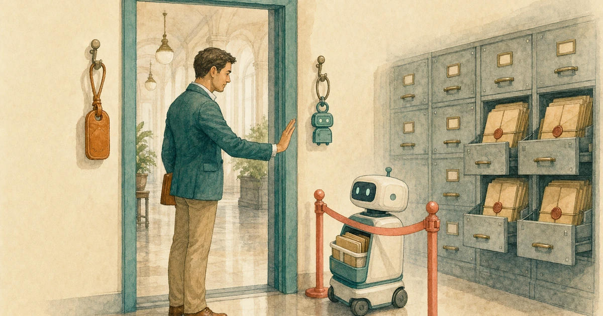 暖色手繪插圖：一位財務人員在檔案室入口抬手阻止 AI 助手越過紅色界線，牆上分別掛著人員與機器的識別牌，右側抽屜仍保持上鎖。