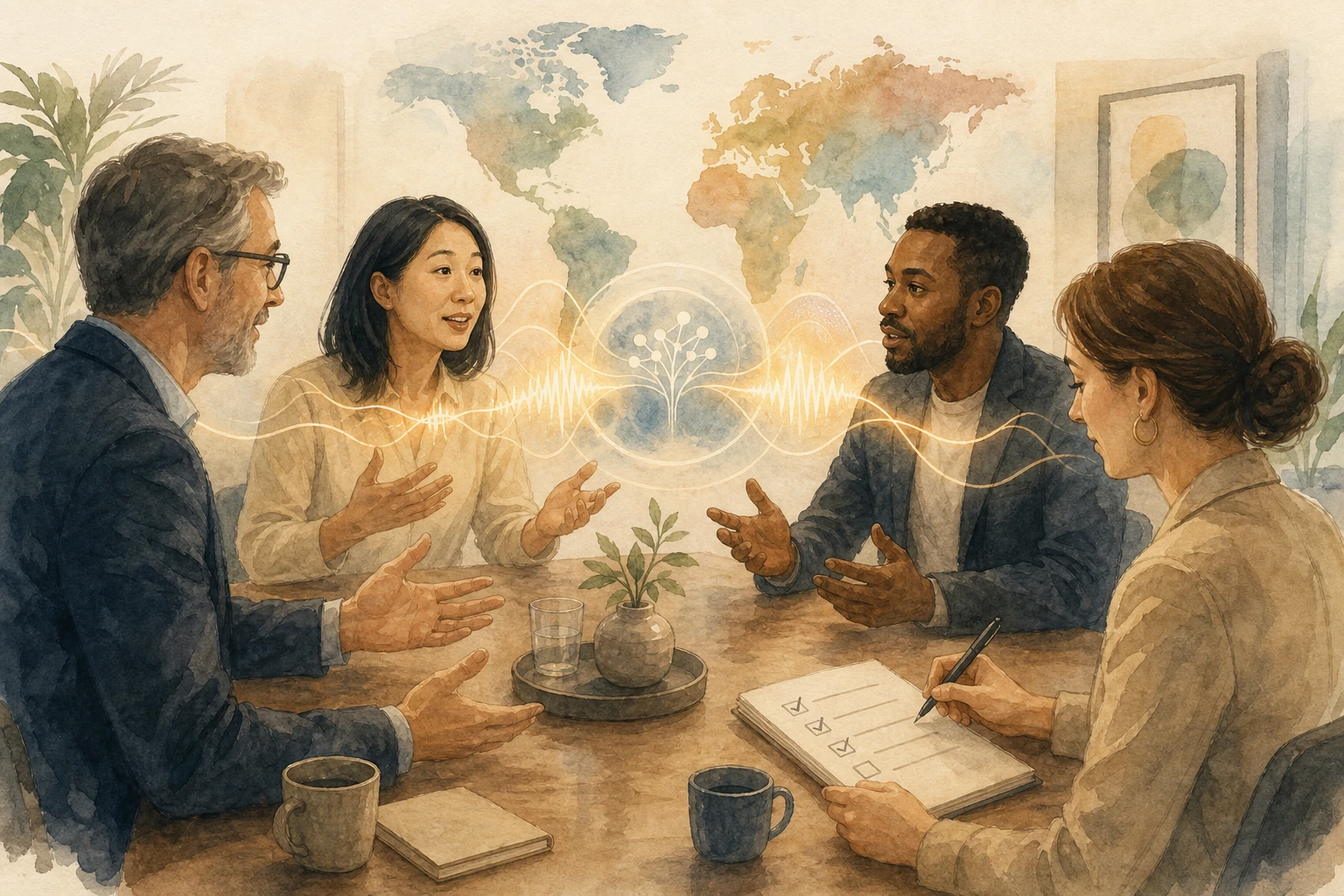 跨語言會議中，AI 聲波像橋一樣連接不同語言的與會者，一旁的人用檢查清單確認日期、數字與承諾。