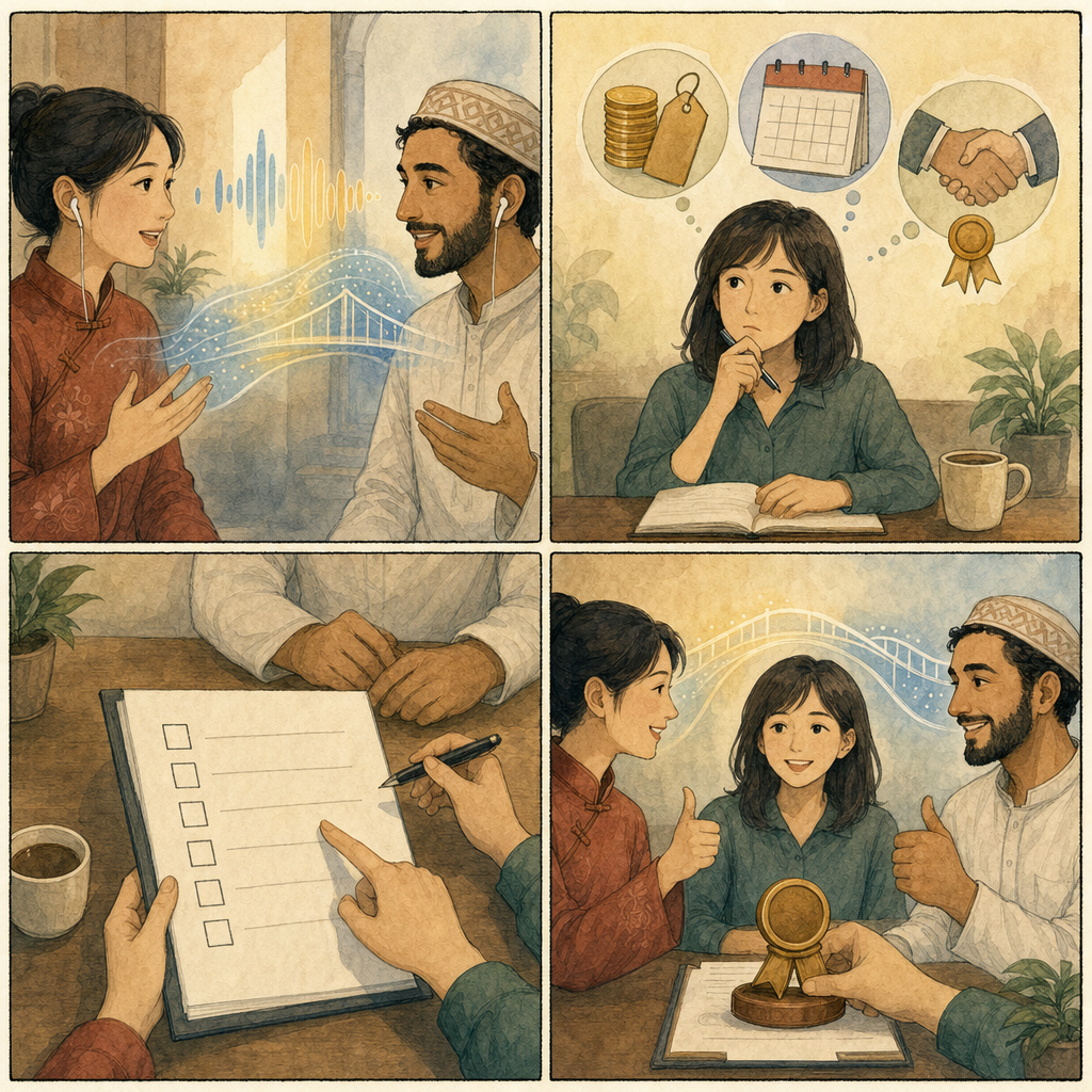 一張四格漫畫，呈現跨語言會議中 AI 先即時翻譯，最後由人把金額、日期與承諾寫成確認清單