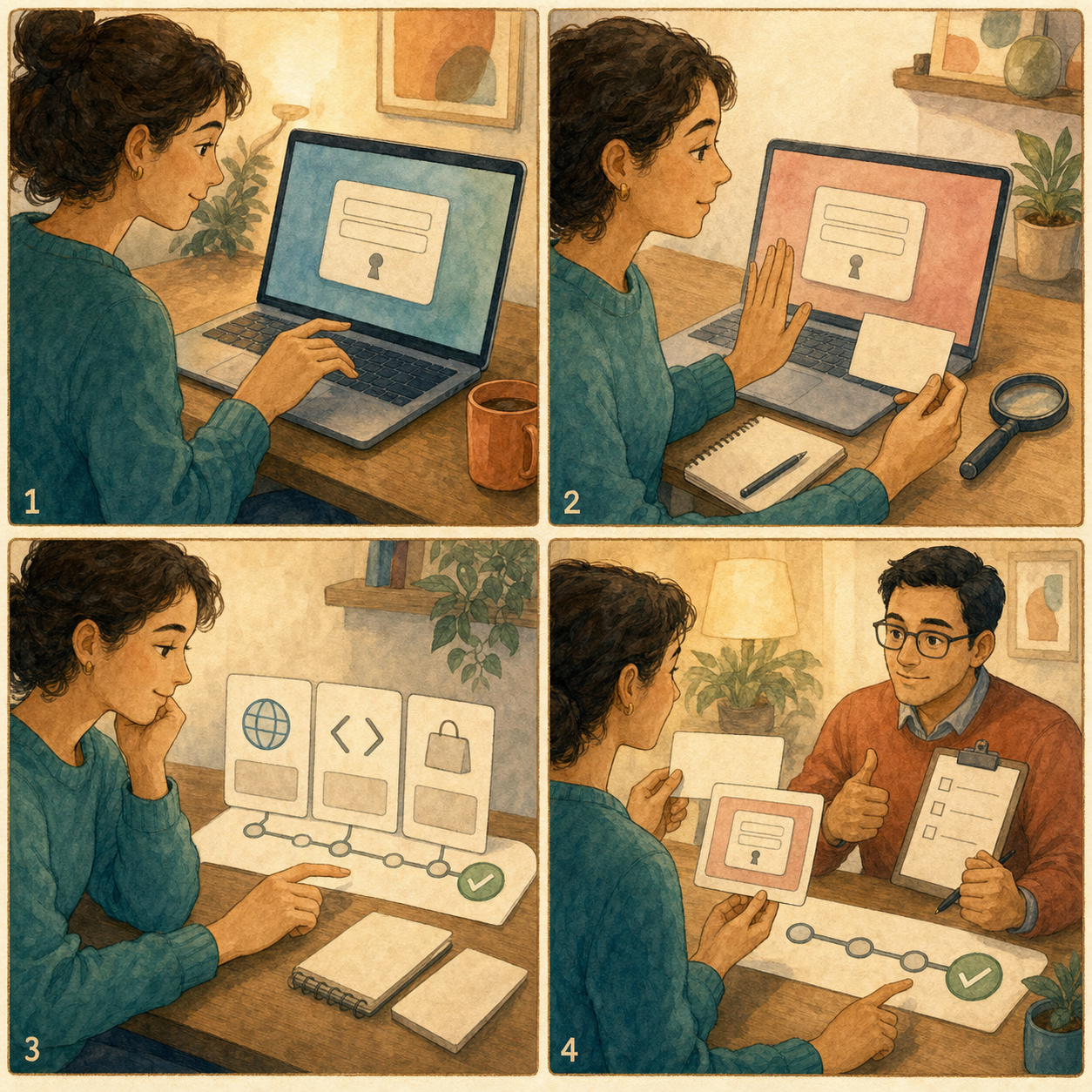 四格漫畫：一位工程師在看到可疑的密碼提示時先暫停動作，改用「記錄、回查、決定」流程接續排查