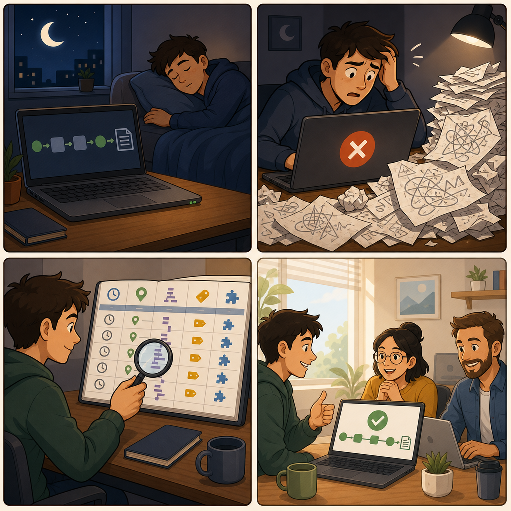 夜間自動報表出錯後,因為有整理好的日誌而快速定位問題的四格漫畫